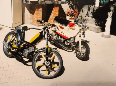 La GT10 et la Peugeot 103 noire et jaune côte à côte sur la terrasse